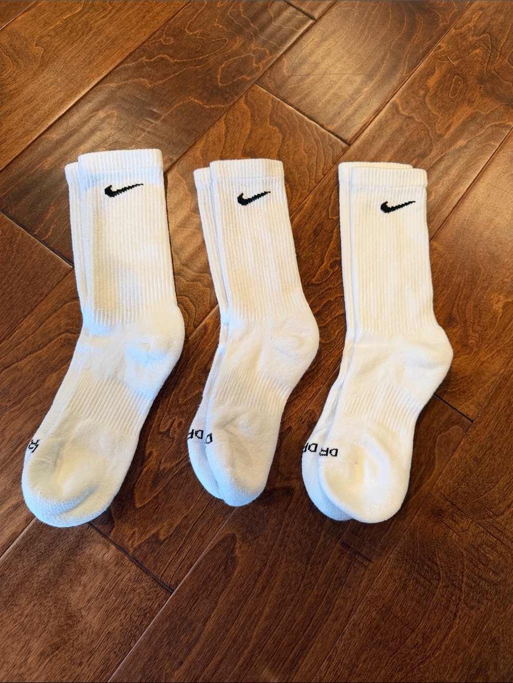 3 Pairs - Nike Dri Fit White Crew Socks Black Logo Bundle Fits Mens 6-10